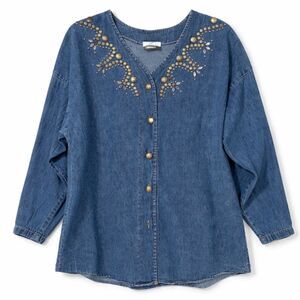 VTG Denim Blouse Embellished Studded Western Boho USA Jean Shirt Coastal Cowgirl